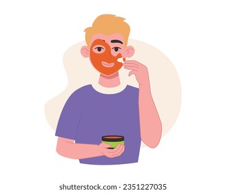 Skin care. Man applies a cosmetic mask on her face with a brush. Vector graphic.