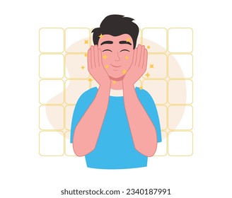 Skin care. Man is satisfied with the condition of her skin after skin care. Vector graphic.
