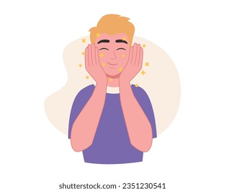 Skin care. Man is satisfied with the condition of her skin after skin care. Vector graphic.