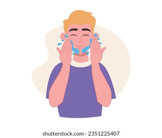 Skin care. Man washes herself with water or rinses off the product. Vector graphic.