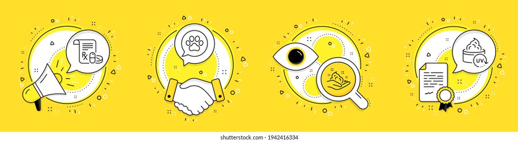 Skin care, Medical prescription and Pets care line icons set. Megaphone, licence and deal vector icons. Uv protection sign. Hand cream, Medicine drugs, Dog paw. Skin cream. Healthcare set. Vector