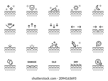 Skin Care Moisture, Injection, Protection Line Icon Set. Skin Problem Pimple, UV, Acne, Microbes Linear Pictogram. Treatment Skin Layer Outline Icon. Editable Stroke. Isolated Vector Illustration. - Shutterstock ID 2094163693