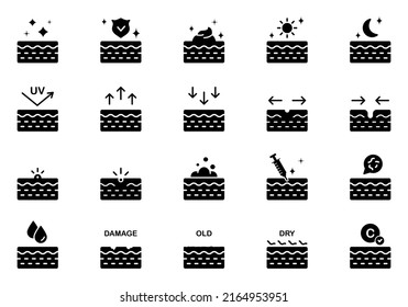 Skin Care Moisture, Injection, Protection Silhouette Icon Set. Skin Problem Pimple, UV, Acne, Microbes Pictogram. Treatment Skin Layer Black Icon. Isolated Vector Illustration.