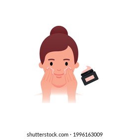Skin Care - moisturizing, anti-age cream. Woman applying facial cream. Flat style