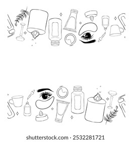 
Skin care natural cosmetics seamless border. Hair, body and face care. Isolated vector illustration for background, banner, packaging
