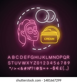 Skin Care Neon Light Concept Icon. Cosmetology, Beautician Salon, SPA Procedures Idea. Skincare And Face Treatment. Glowing Sign With Alphabet, Numbers And Symbols. Vector Isolated Illustration