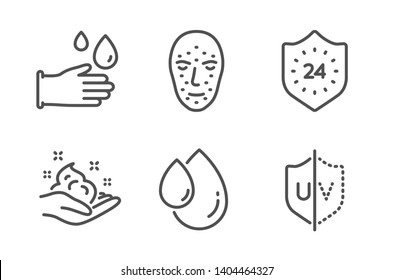 Skin care, Oil drop and Face biometrics icons simple set. 24 hours, Rubber gloves and Uv protection signs. Hand cream, Serum. Medical set. Line skin care icon. Editable stroke. Vector