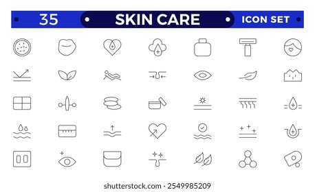 Ícones de Estrutura de Tópicos de cuidados com a pele definidos. Creme de umidade, ácido, soro antirrugas, ceramida, colágeno, composto de retinol, protetor solar, como aloevera, óleo, natureza, protetor solar, seco, loção ícones vetoriais.
