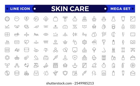 Ícones de Estrutura de Tópicos de cuidados com a pele definidos. Creme de umidade, ácido, soro antirrugas, ceramida, colágeno, composto de retinol, protetor solar, como aloevera, óleo, natureza, protetor solar, seco, loção ícones vetoriais.
