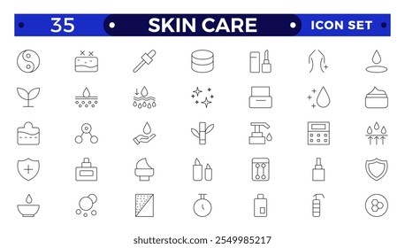 Ícones de Estrutura de Tópicos de cuidados com a pele definidos. Creme de umidade, ácido, soro antirrugas, ceramida, colágeno, composto de retinol, protetor solar, como aloevera, óleo, natureza, protetor solar, seco, loção ícones vetoriais.
