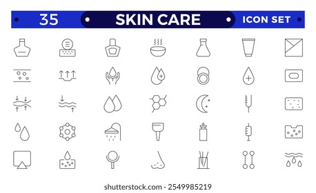 Ícones de Estrutura de Tópicos de cuidados com a pele definidos. Creme de umidade, ácido, soro antirrugas, ceramida, colágeno, composto de retinol, protetor solar, como aloevera, óleo, natureza, protetor solar, seco, loção ícones vetoriais.
