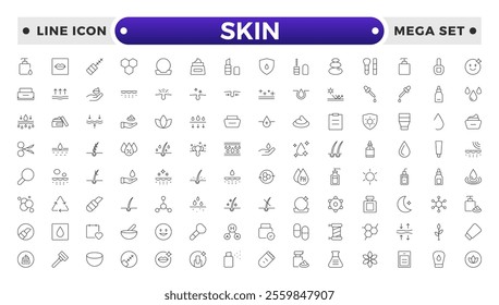 Skin care Outline icons set. Moisture cream, acid, anti wrinkle serum, ceramide, collagen, retinol compound, sunscreen vector illustration. 
