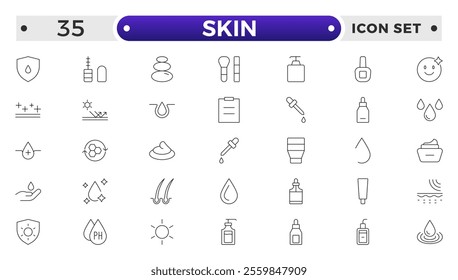 Skin care Outline icons set. Moisture cream, acid, anti wrinkle serum, ceramide, collagen, retinol compound, sunscreen vector illustration. 
