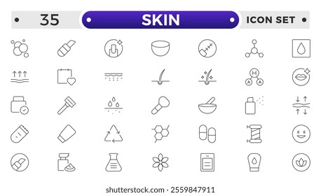 Skin care Outline icons set. Moisture cream, acid, anti wrinkle serum, ceramide, collagen, retinol compound, sunscreen vector illustration. 
