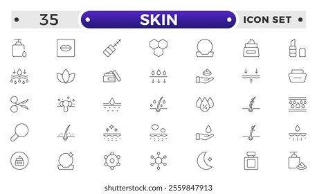 Skin care Outline icons set. Moisture cream, acid, anti wrinkle serum, ceramide, collagen, retinol compound, sunscreen vector illustration. 
