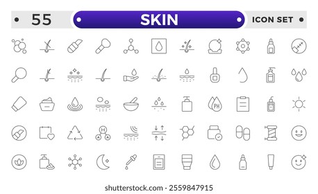 Skin care Outline icons set. Moisture cream, acid, anti wrinkle serum, ceramide, collagen, retinol compound, sunscreen vector illustration. 
