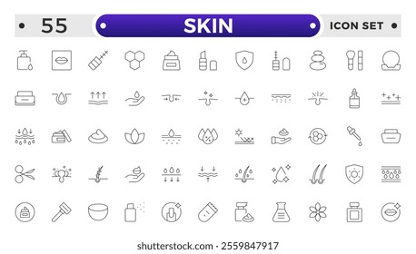 Skin care Outline icons set. Moisture cream, acid, anti wrinkle serum, ceramide, collagen, retinol compound, sunscreen vector illustration. 
