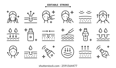 Skin Care outline icons set. Editable stroke. Facial Skin Cleaner icons set. Device peeling simple signs for skincare products property.