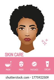 Skin care preparation for make-up. Young afro american woman with a national afro hairstyle. Cosmetics Icons : face mask, eye patches, cream.	
