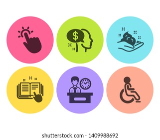 Skin care, Presentation time and Technical documentation icons simple set. Pay, Touchpoint and Disabled signs. Hand cream, Report. People set. Flat skin care icon. Circle button. Vector