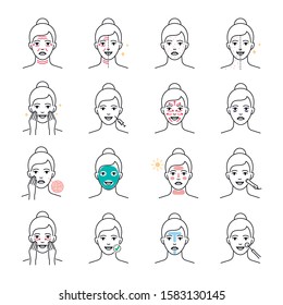 Skin care and problems, beauty treatment vector icons set