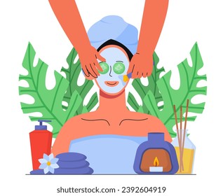 Skin care procedure concept. Natural face mask with cucumbers. Rocks and aromasticks, stones. Cosmetics products and creams. Cartoon flat vector illustration isolated on white background