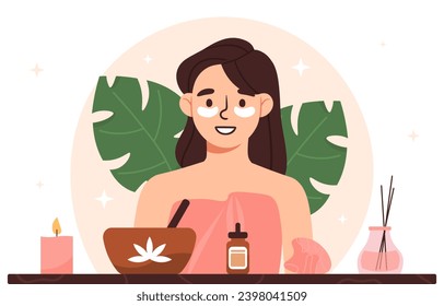 Skin care procedure. Woman with creams and lotions. SPA treatment. Beauty, aesthetics and elegance. Young girl with face mask. Cartoon flat vector illustration isolated on white background