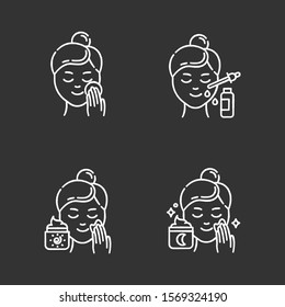 Skin care procedures chalk icons set. Applying night sleeping cream. Using facial serum. Sunscreen on face. Moisturizing, cleansing skin. Beauty routine steps. Isolated vector chalkboard illustrations
