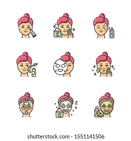 Skin care procedures color icons set. Night time beauty routine. Applying undereye cream. Sheet cotton mask. Spot treatment. Hydrogel patches. Vitamin C serum. Isolated vector illustrations