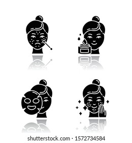 Skin care procedures drop shadow black glyph icons set. Spot treatment for blackheads. Problematic skin. Sheet cotton mask. Using beauty water. Cosmetics, makeup. Isolated vector illustrations