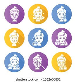 Skin care procedures flat design long shadow glyph icons set. Spot treatment for acne and blackheads. Applying sunscreen. Mosturizing face cleanser. Thermal mask. Vector silhouette illustration