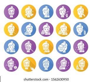 Skin care procedures flat design long shadow glyph icons set. Using face cream. Liquid, sheet, peel-off mask. Night time routine. Spot treatment. Vitamin C serum. Vector silhouette illustration