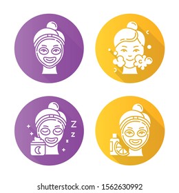 Skin care procedures flat design long shadow glyph icons set. Night time routine. Vitamin C cream for facial beauty treatment. Using cleanser water. Moisturizer. Vector silhouette illustration