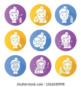 Skin care procedures flat design long shadow glyph icons set. Night time beauty routine. Undereye cream. Sheet mask. Spot treatment. Hydrogel patches. Vitamin C serum. Vector silhouette illustration
