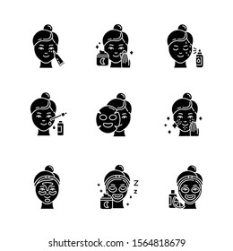 Skin care procedures glyph icons set. Night time beauty routine. Undereye cream. Sheet mask. Spot treatment. Hydrogel patches. Vitamin C serum. Silhouette symbols. Vector isolated illustration