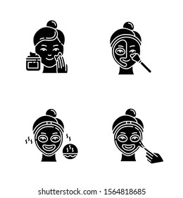 Skin care procedures glyph icons set. Applying exfoliating cream. Thermal mask to open up pores. Liquid mask for facial treatment. Beauty routine. Silhouette symbols. Vector isolated illustration