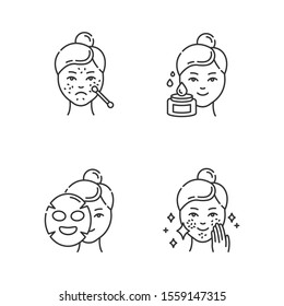 Skin care procedures linear icons set. Spot treatment for blackheads. Problematic skin. Sheet mask. Beauty water. Thin line contour symbols. Isolated vector outline illustrations. Editable stroke