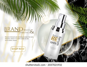 Skin care product Ads for advertisement with tropical leaves on marble stone background in mockup illustration, top view