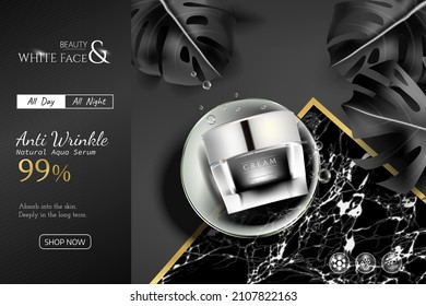 skin care product ads. Cosmetic jar with cream, serum. The background is black marble and gold line cut with black leaves. Black design.