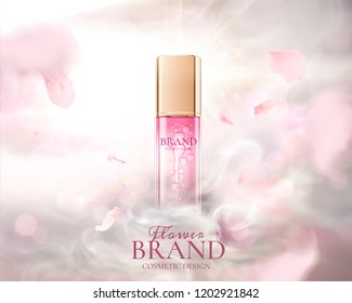 Skin care product ads with flying pink petals and fog effect in 3d illustration