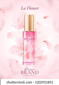 Skin care product ads with flying pink petals in 3d illustration