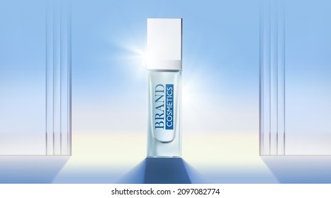 Skin care product ads, glass droplet bottle with wavy light, Realistic vector illustration