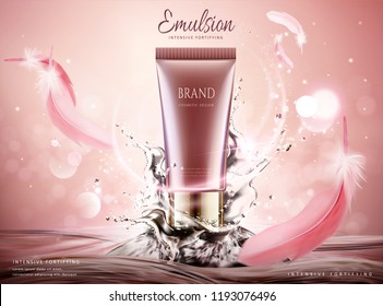 Skin care product ads with swirling water and pink feathers on glittering background, 3d illustration