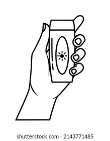 Skin care product. Hand holding a tube of cream. Organic cosmetics. Outline minimalistic style. Tube of UV cream. Vector illustration. Ideal for banner, poster, app, social media