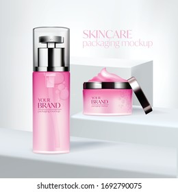 Skin Care Product Mockup On Square Podium Stage 3d Vector Illustration