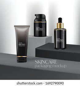 Skin care product mockup on square podium stage 3d vector illustration