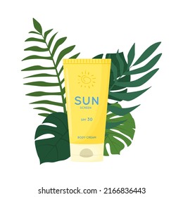 Skin care product on the ground of tropical leaves. Sun safety, UV protection cream. Tube of sunscreen product with SPF. Summer cosmetic. Flat vector illustration isolated on white background.