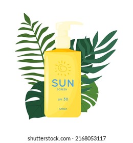 Skin care product on the ground of tropical leaves. Sun safety, UV protection spray. Tube of sunscreen product with SPF. Summer cosmetic. Flat vector illustration isolated on white background.