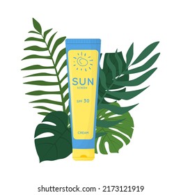 Skin care product on the ground of tropical leaves. Sun safety, UV protection cream. Tube of sunscreen product with SPF. Summer cosmetic. Flat vector illustration isolated on white background.