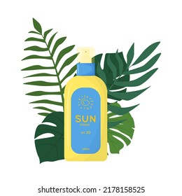 Skin care product on the ground of tropical leaves. Sun safety, UV protection spray. Tube of sunscreen product with SPF. Summer cosmetic. Flat vector illustration isolated on white background.